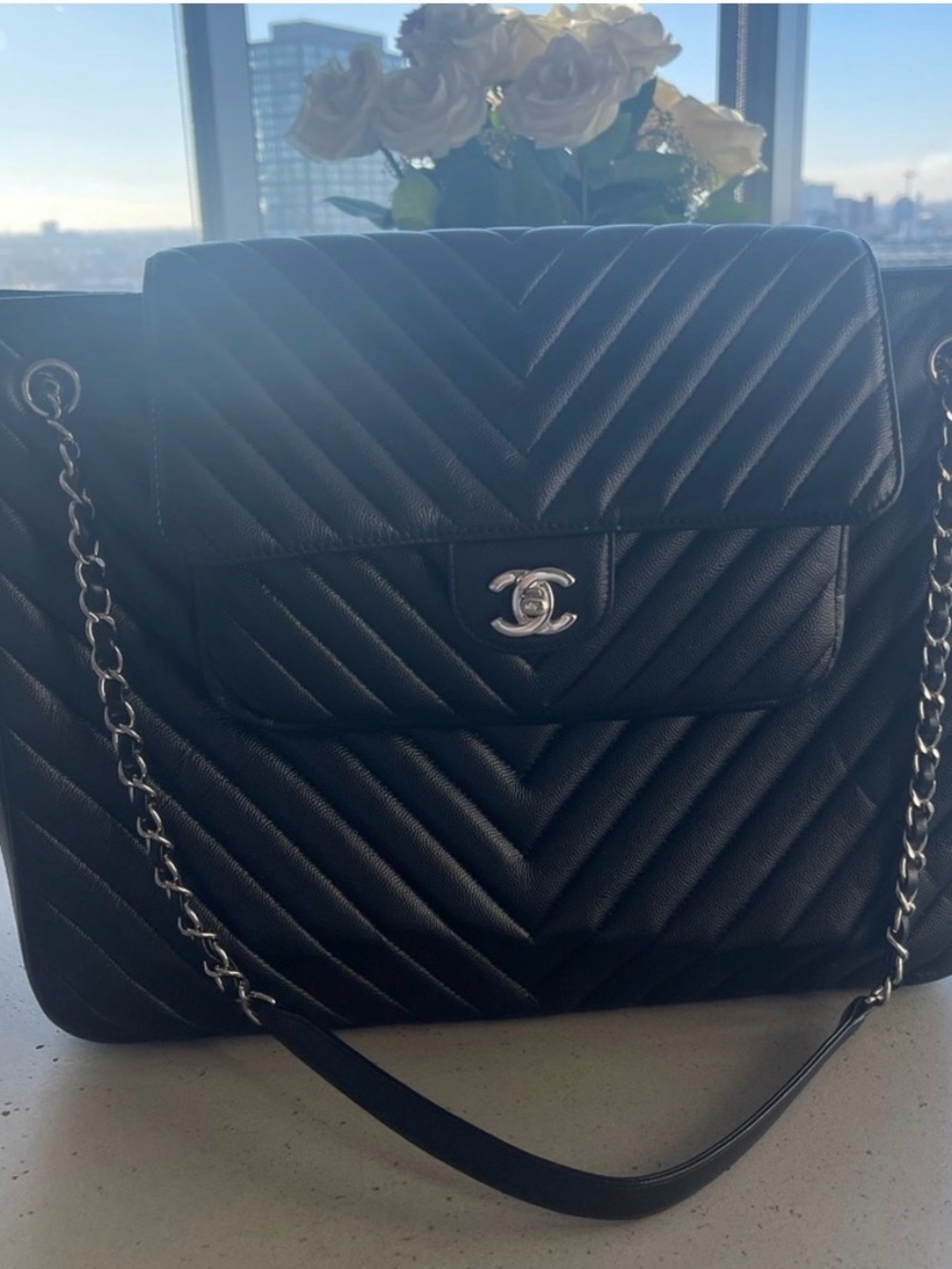 CHANEL Black Chevron Quilted Leather Shoulder Bag with Silver Hardware XL